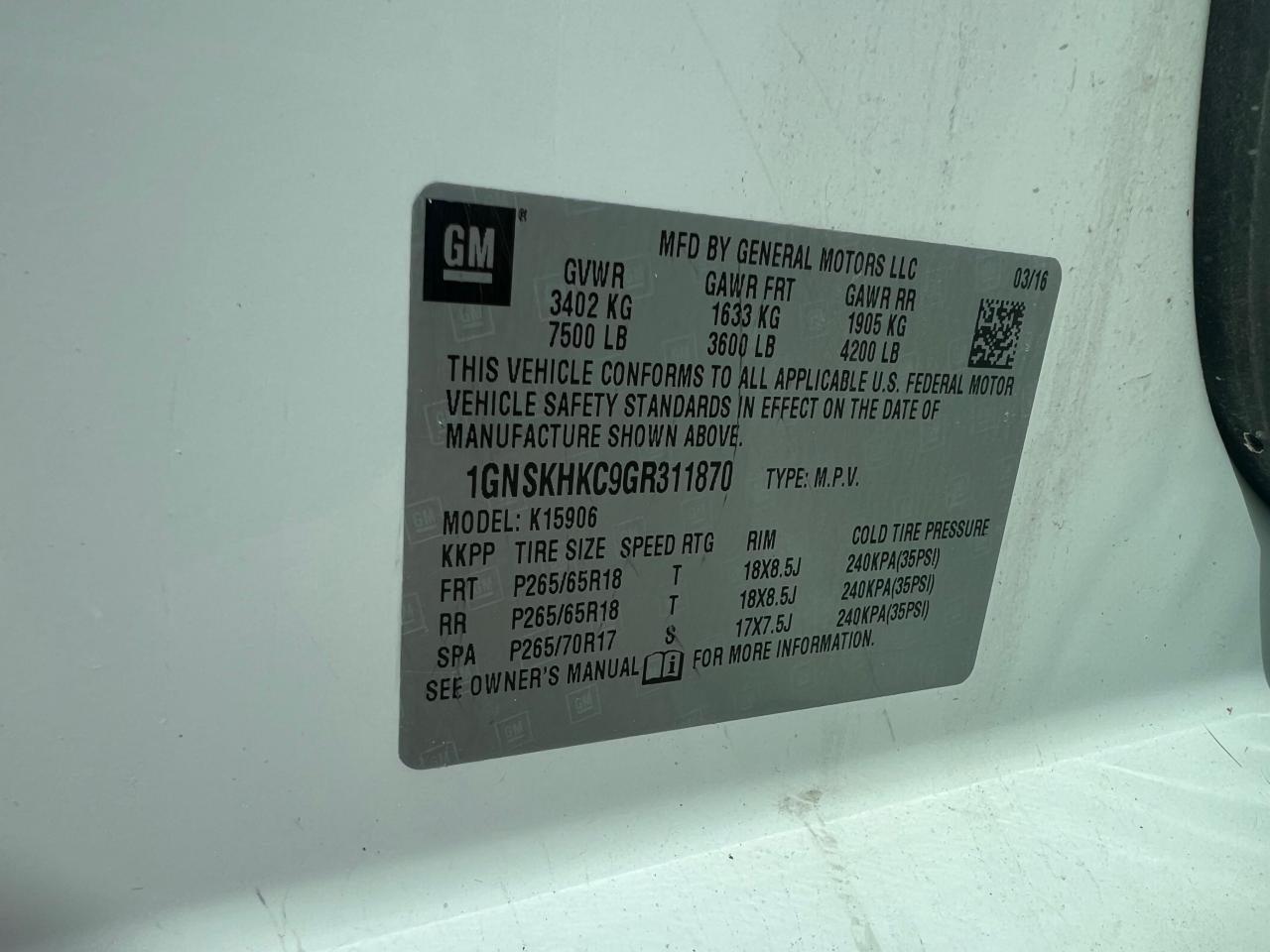 2016 Chevrolet Suburban K1500 Lt VIN: 1GNSKHKC9GR31187 Lot: 48661355