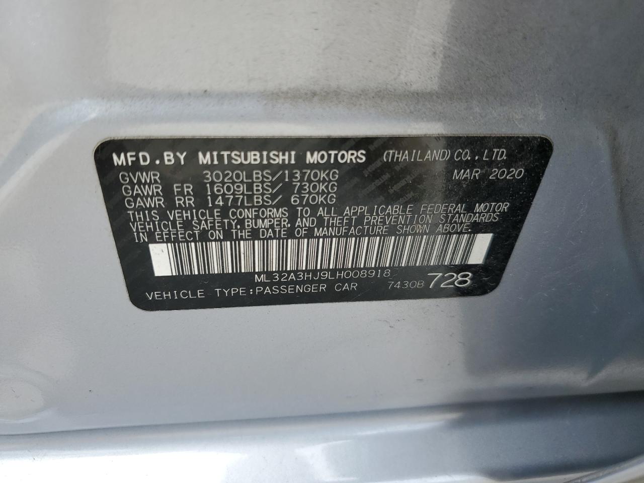 2020 Mitsubishi Mirage Es VIN: ML32A3HJ9LH008918 Lot: 54500384