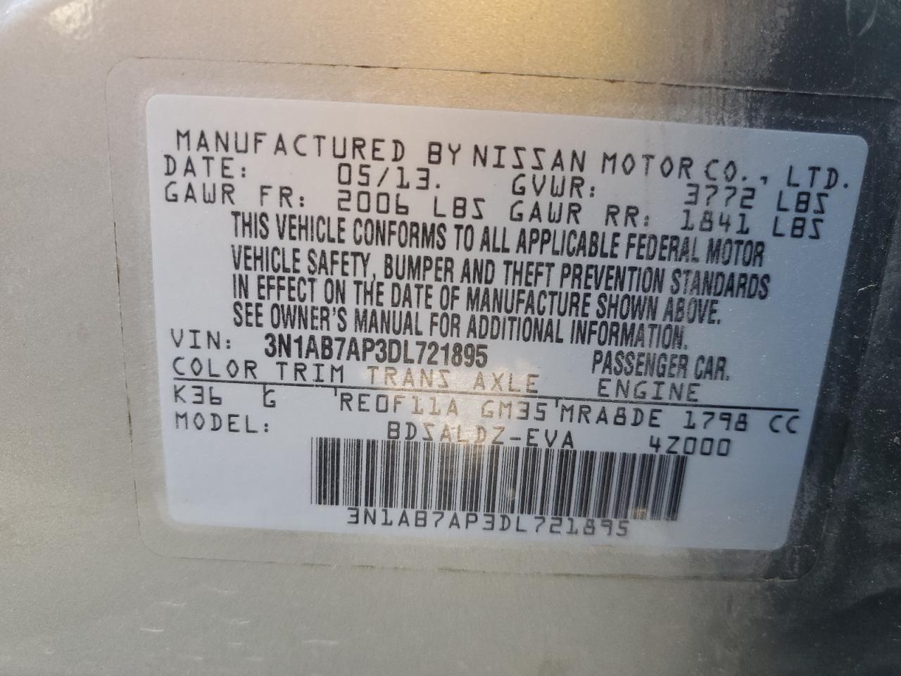 3N1AB7AP3DL721895 2013 Nissan Sentra S