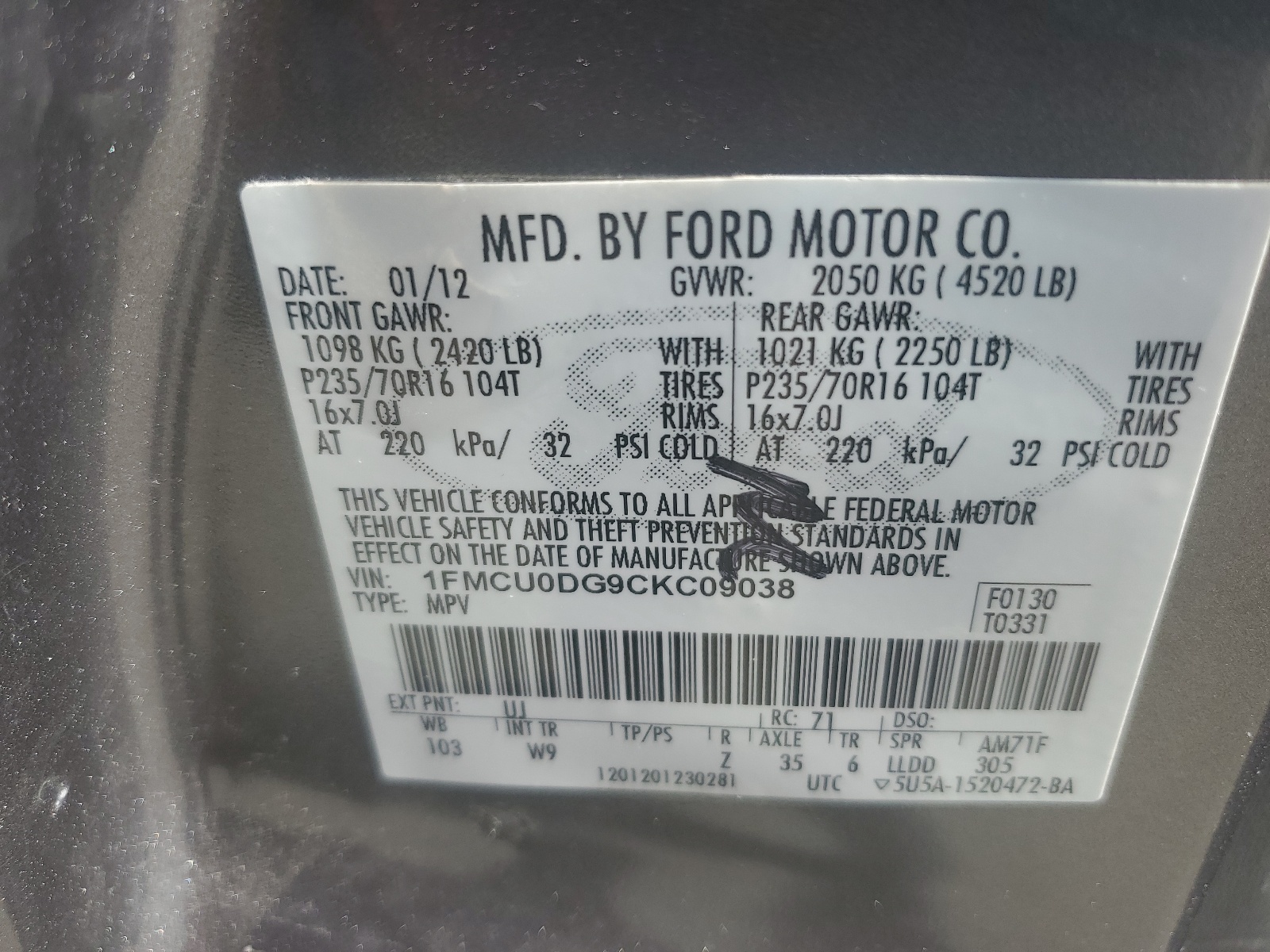 1FMCU0DG9CKC09038 2012 Ford Escape Xlt