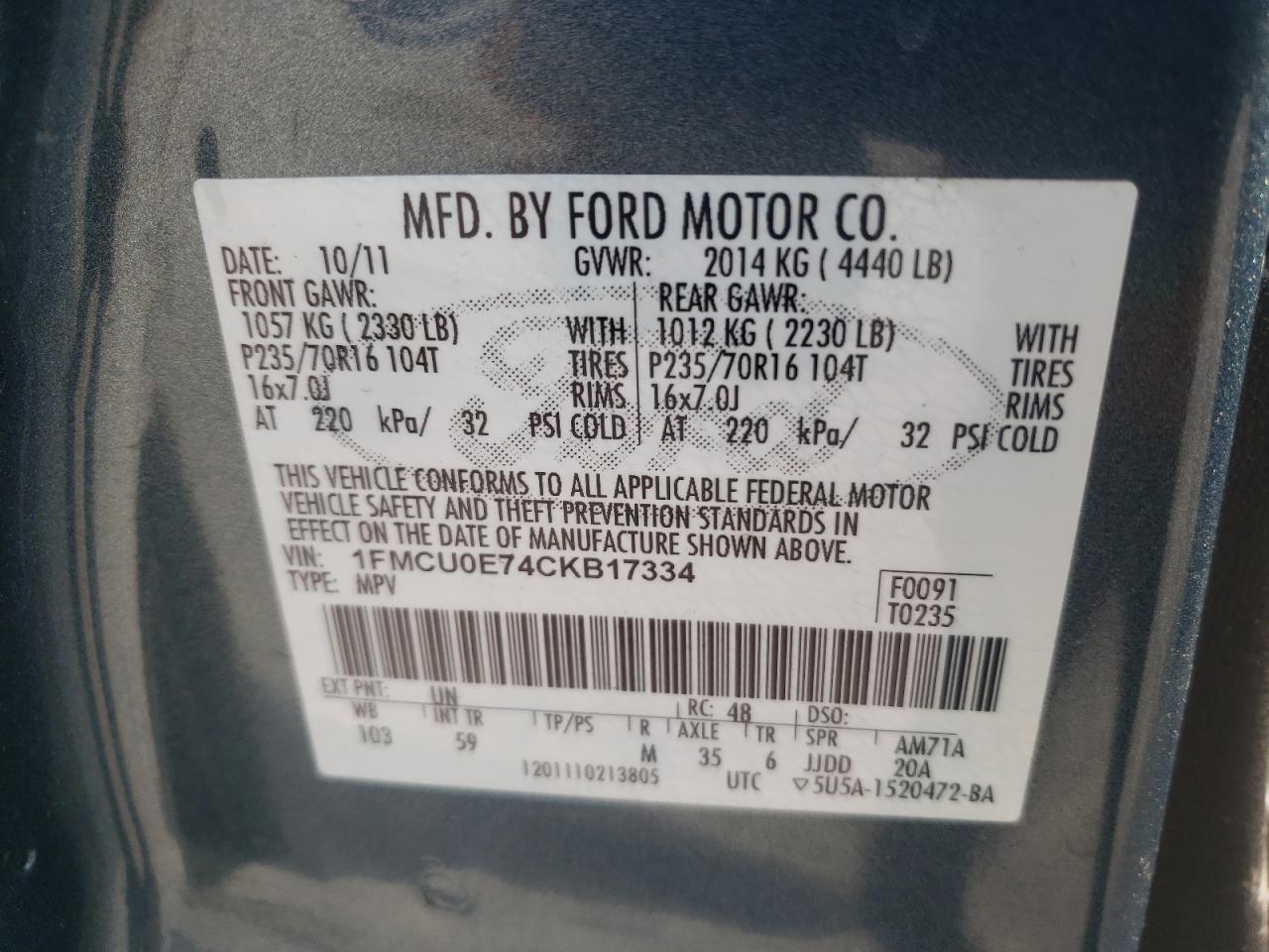 1FMCU0E74CKB17334 2012 Ford Escape Limited