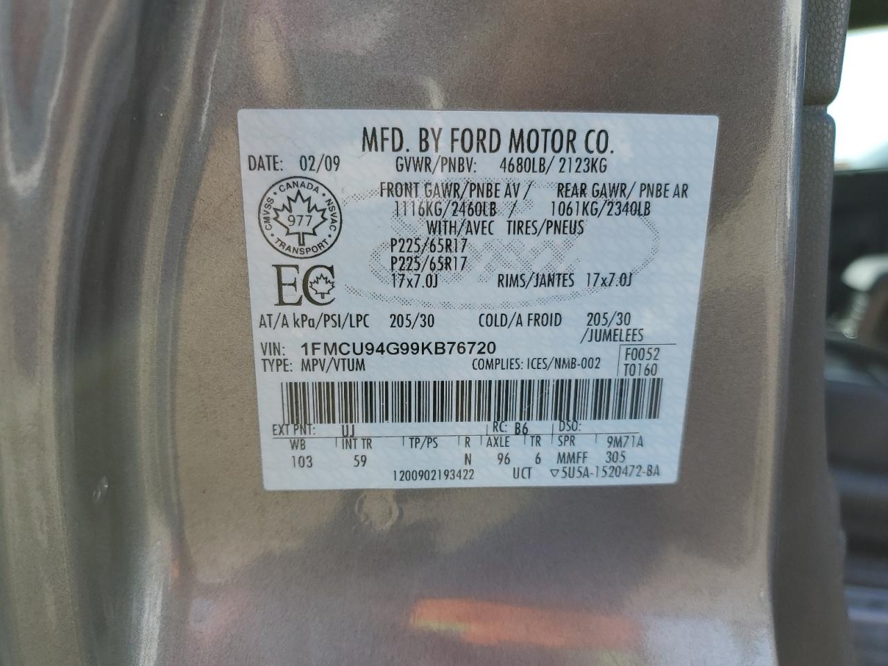 1FMCU94G99KB76720 2009 Ford Escape Limited