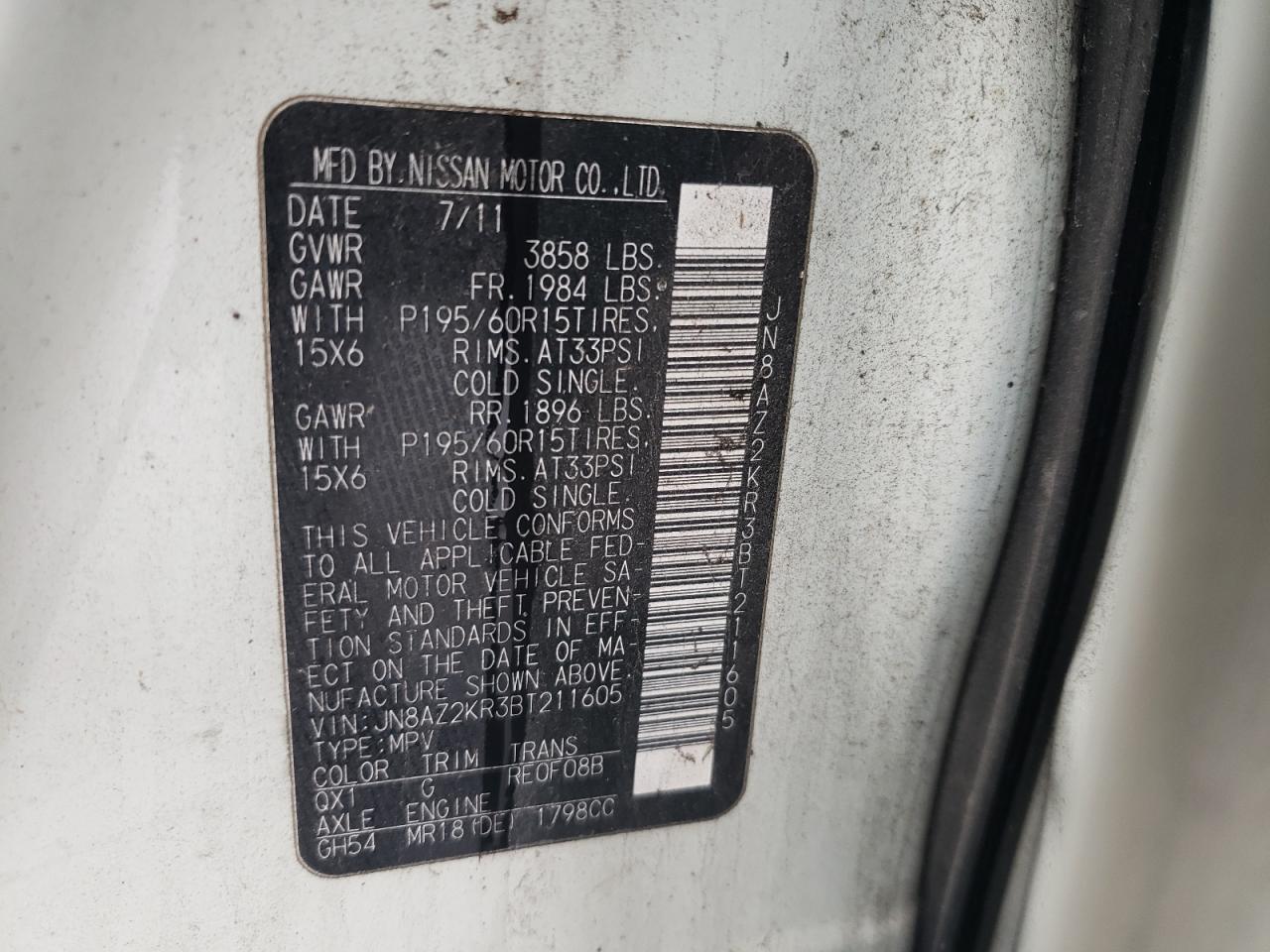 2011 Nissan Cube Base VIN: JN8AZ2KR3BT211605 Lot: 48317773