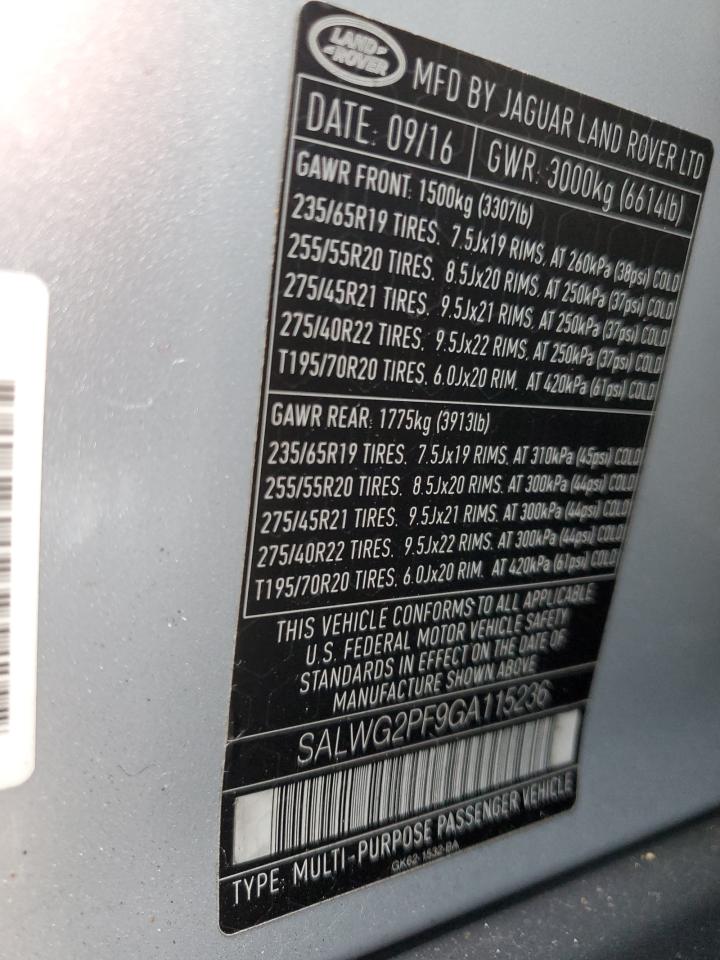 2016 Land Rover Range Rover Sport Se VIN: SALWG2PF9GA115236 Lot: 61394224