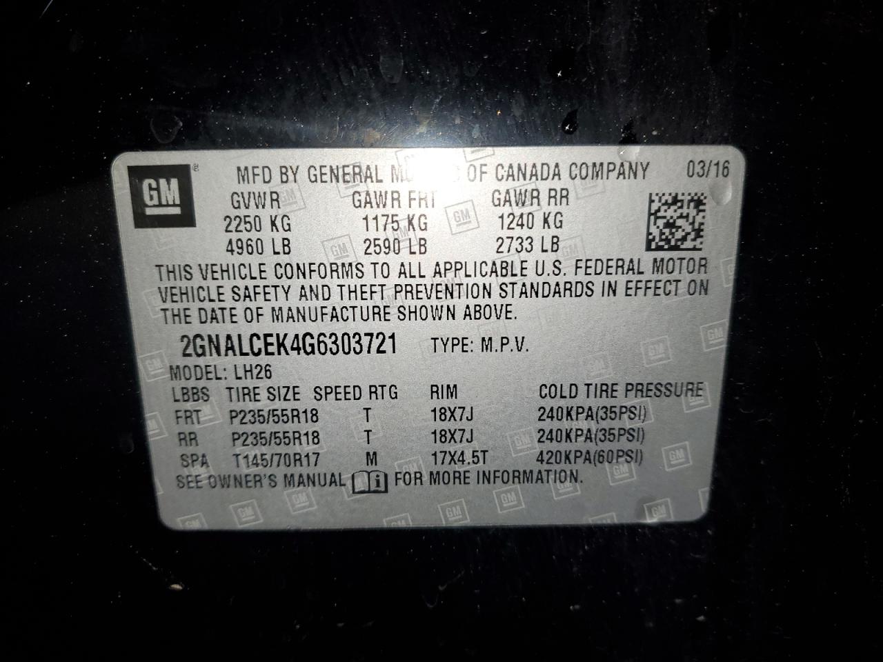 2GNALCEK4G6303721 2016 Chevrolet Equinox Lt