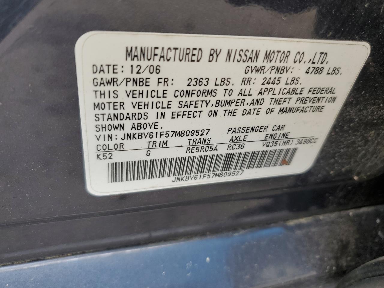 2007 Infiniti G35 VIN: JNKBV61F57M809527 Lot: 50269593