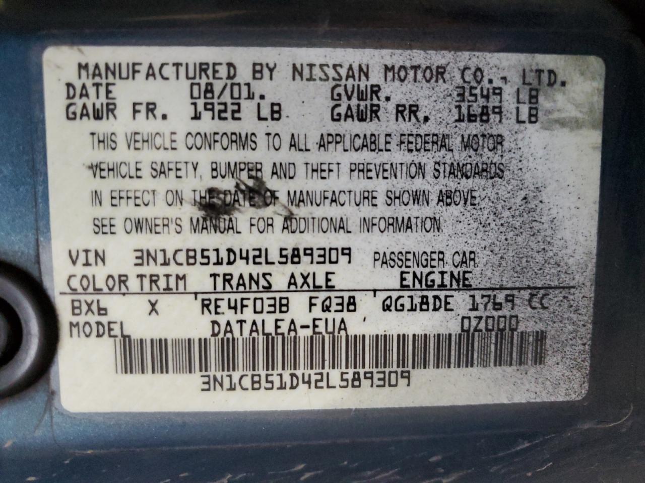 2002 Nissan Sentra Xe VIN: 3N1CB51D42L589309 Lot: 40089754