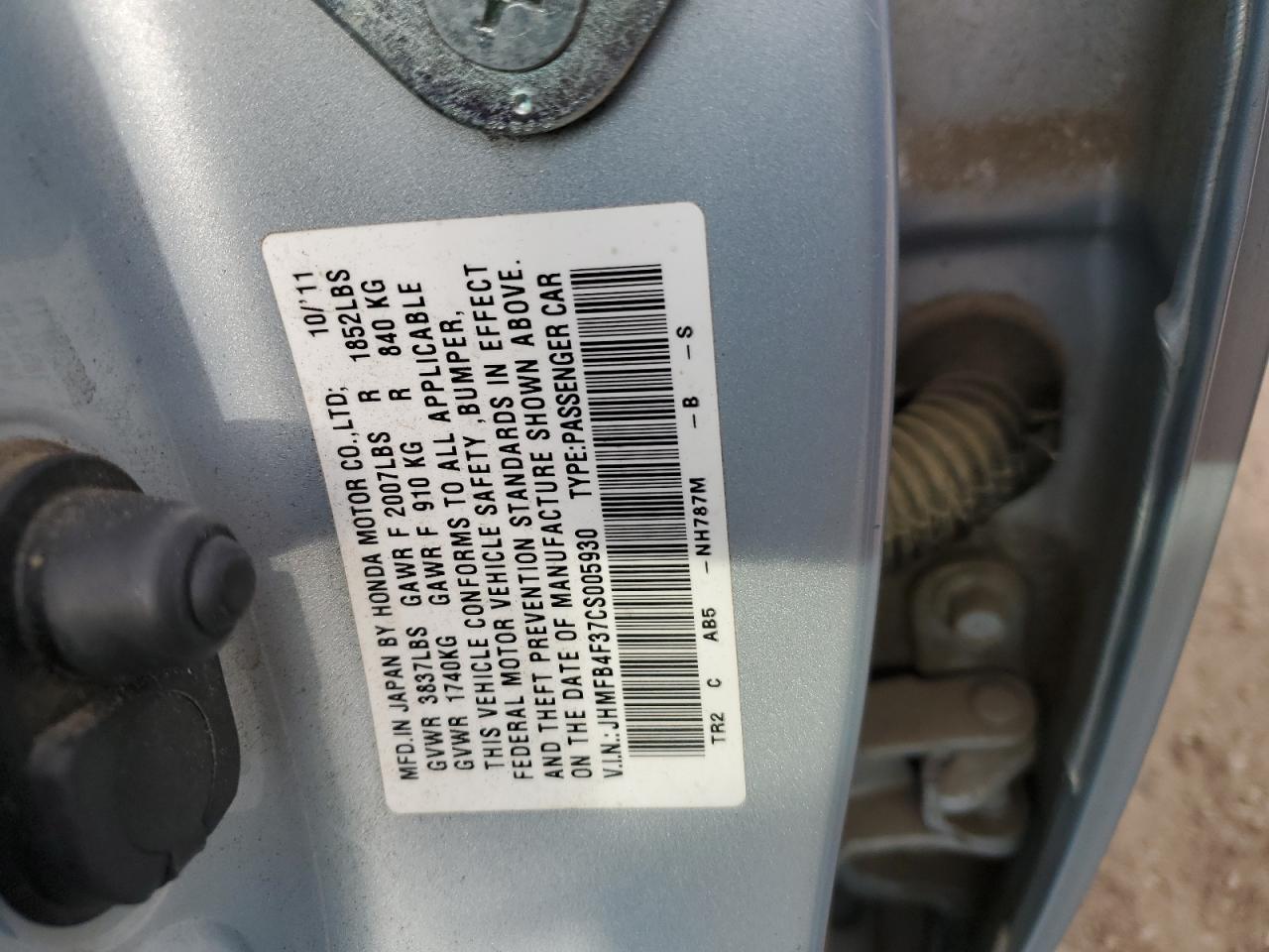 2012 Honda Civic Hybrid L VIN: JHMFB4F37CS005930 Lot: 49634973