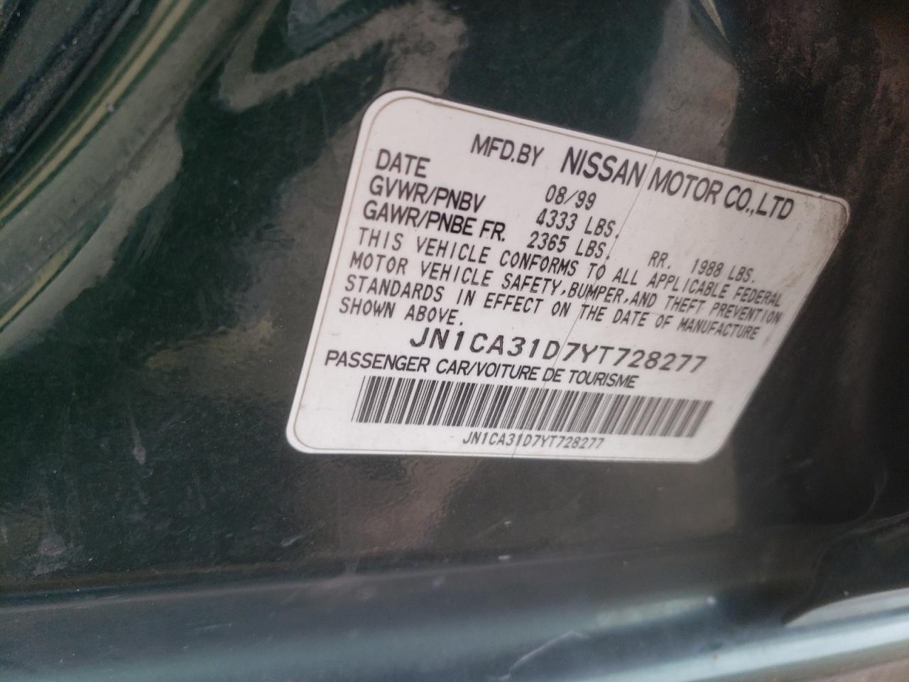 2000 Nissan Maxima Gle VIN: JN1CA31D7YT728277 Lot: 54730184