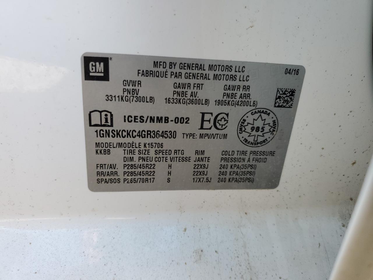 2016 Chevrolet Tahoe K1500 Ltz VIN: 1GNSKCKC4GR364530 Lot: 87856045