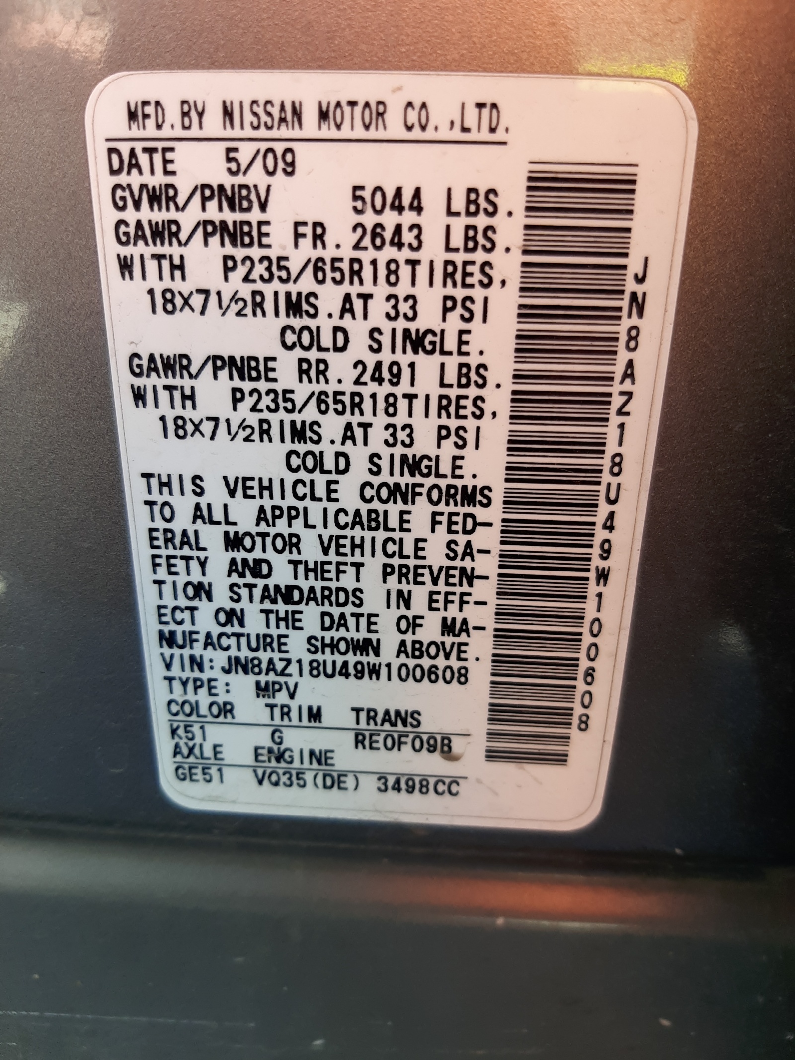 JN8AZ18U49W100608 2009 Nissan Murano S