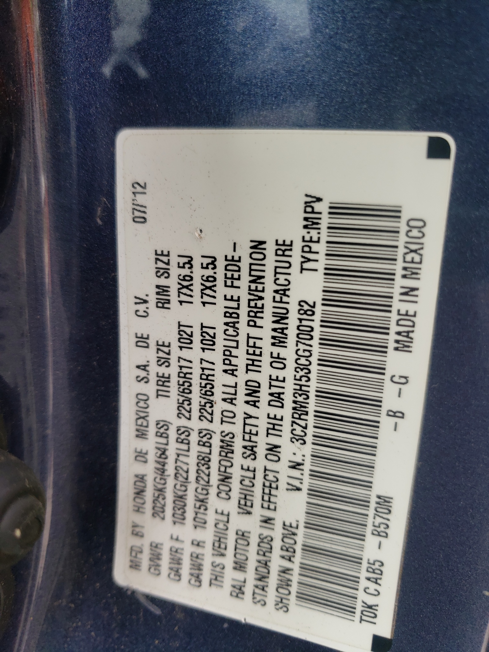 3CZRM3H53CG700182 2012 Honda Cr-V Ex