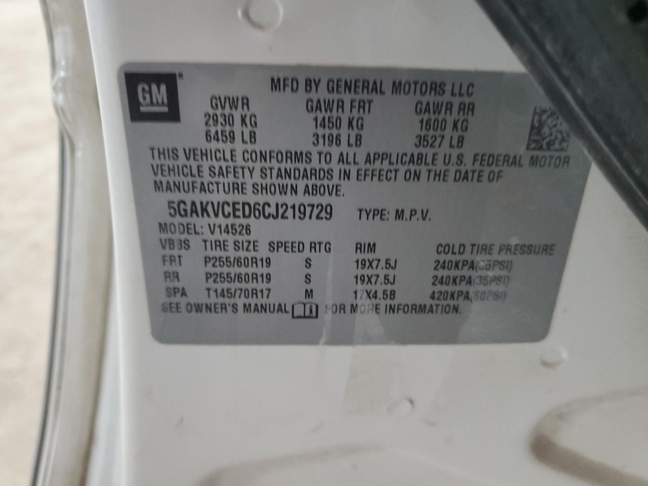 2012 Buick Enclave VIN: 5GAKVCED6CJ219729 Lot: 51712644