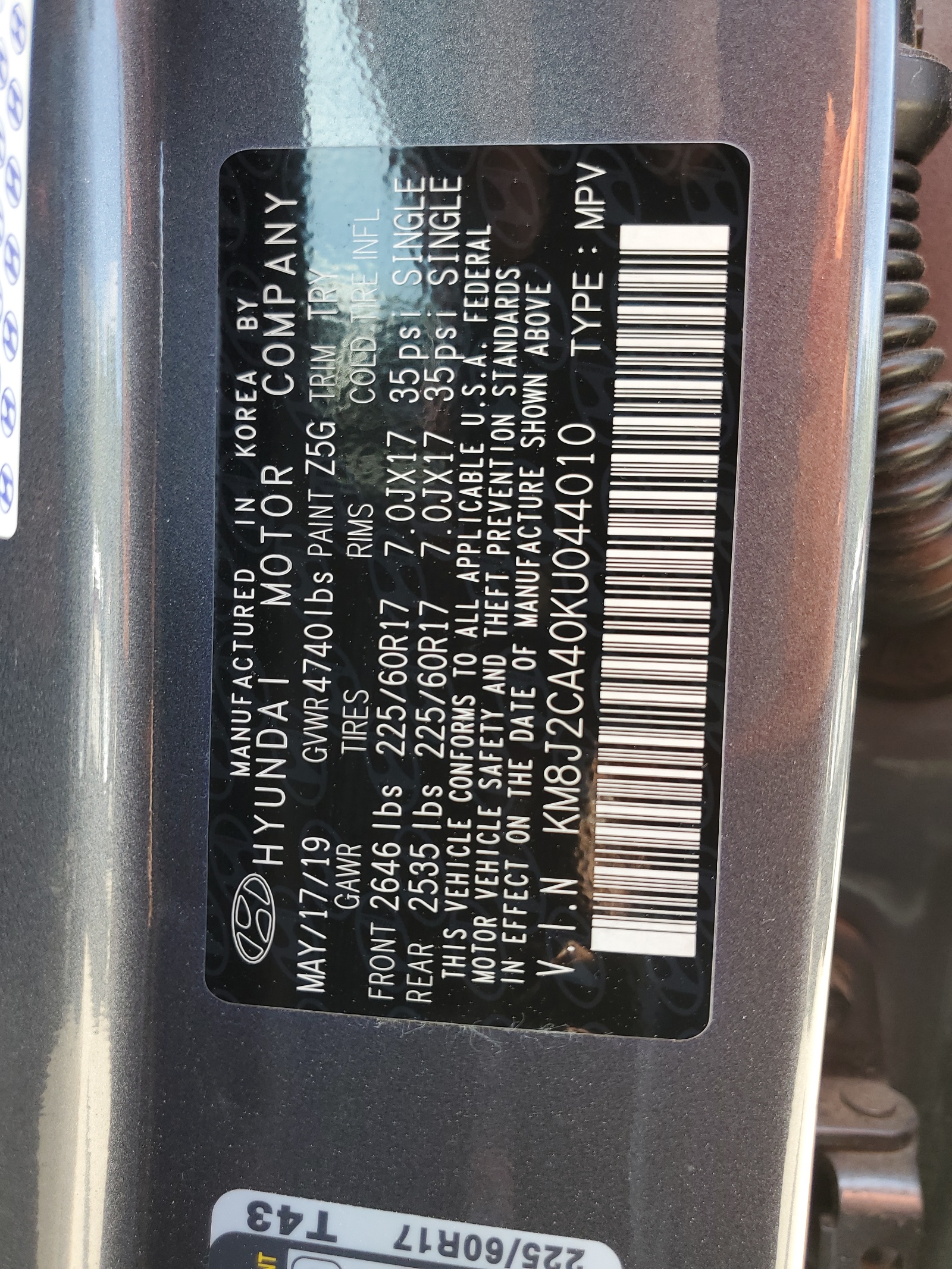 KM8J2CA40KU044010 2019 Hyundai Tucson Se