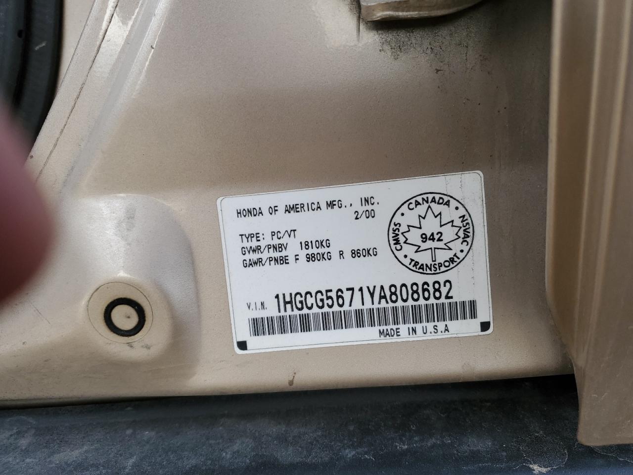 2000 Honda Accord Se VIN: 1HGCG5671YA808682 Lot: 50779664