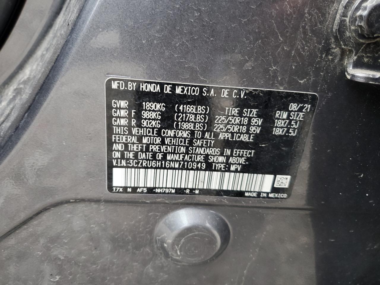 2022 Honda Hr-V Sport VIN: 3CZRU6H16NM710949 Lot: 52189564