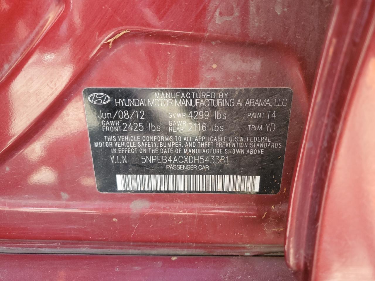 5NPEB4ACXDH543381 2013 Hyundai Sonata Gls