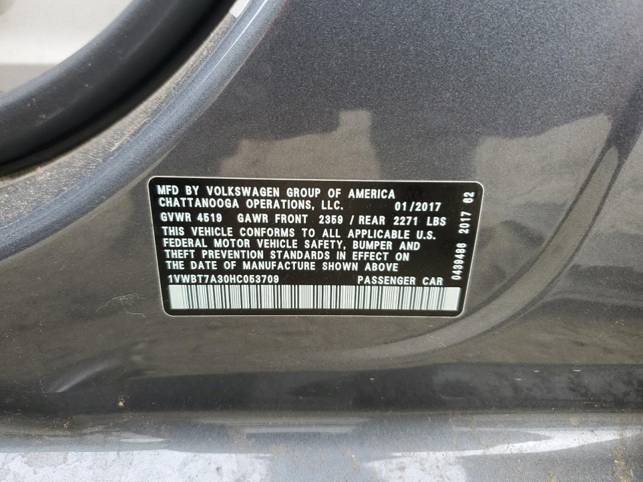 2017 Volkswagen Passat Se VIN: 1VWBT7A30HC053709 Lot: 51301044