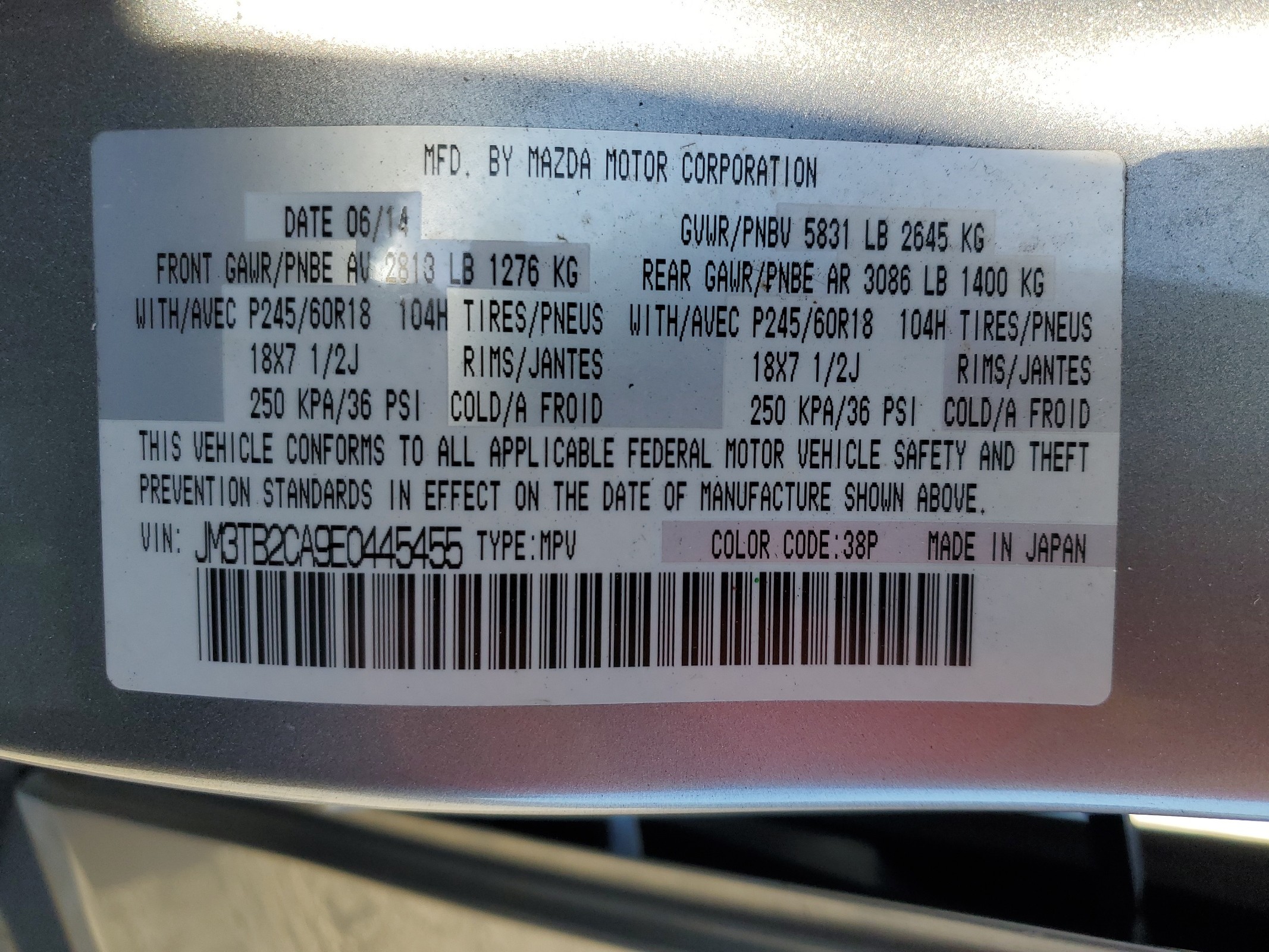 JM3TB2CA9E0445455 2014 Mazda Cx-9 Touring