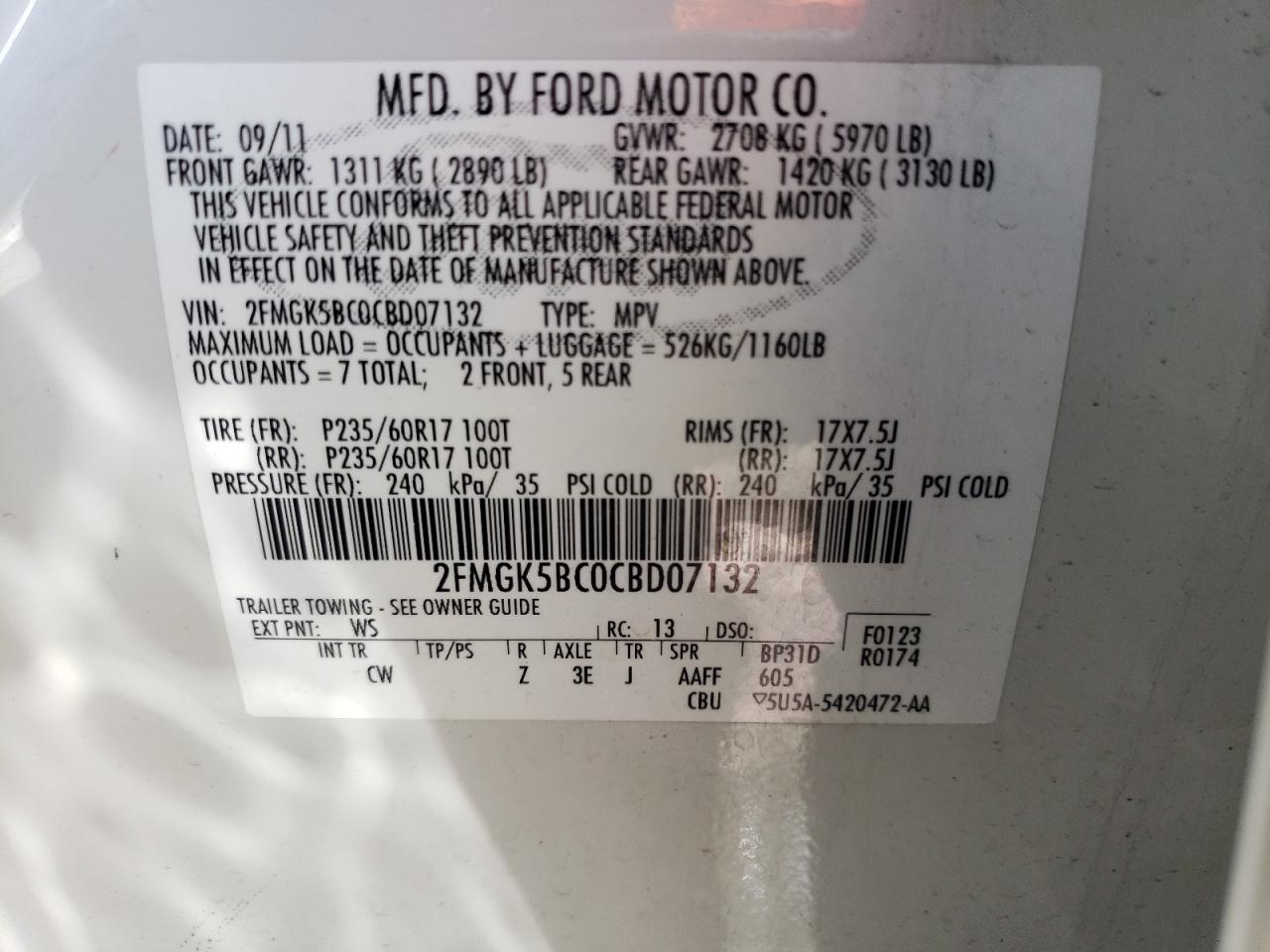 2FMGK5BC0CBD07132 2012 Ford Flex Se