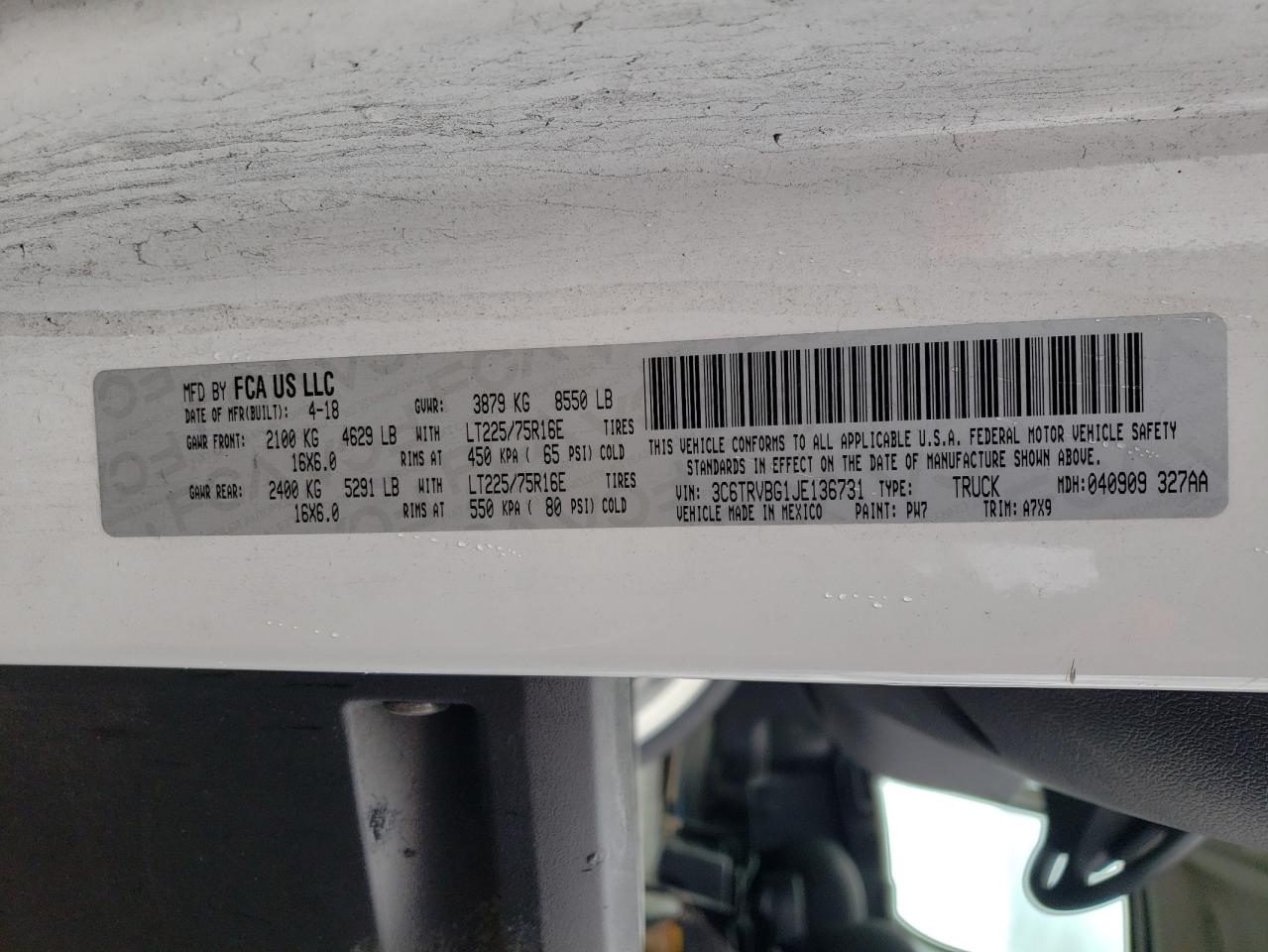 2018 Ram Promaster 1500 1500 High VIN: 3C6TRVBG1JE136731 Lot: 50775674