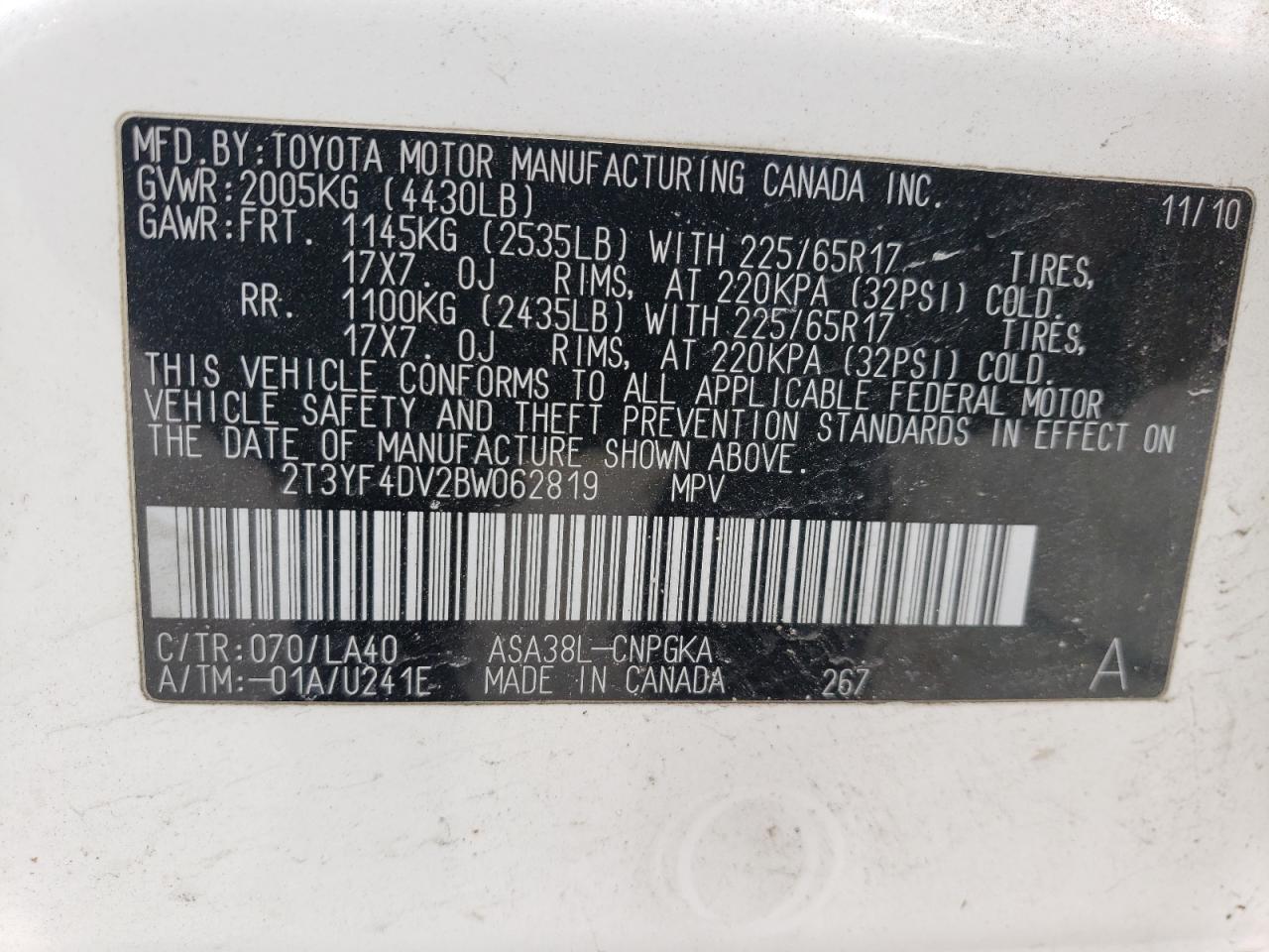 2011 Toyota Rav4 Limited VIN: 2T3YF4DV2BW062819 Lot: 49073734