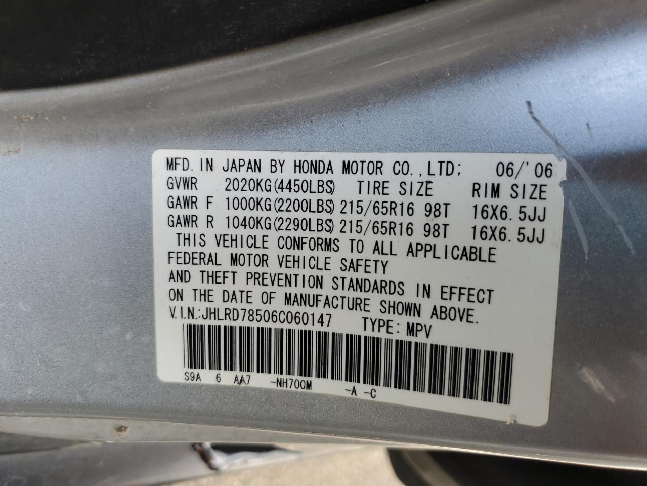 2006 Honda Cr-V Lx VIN: JHLRD78506C060147 Lot: 50169024