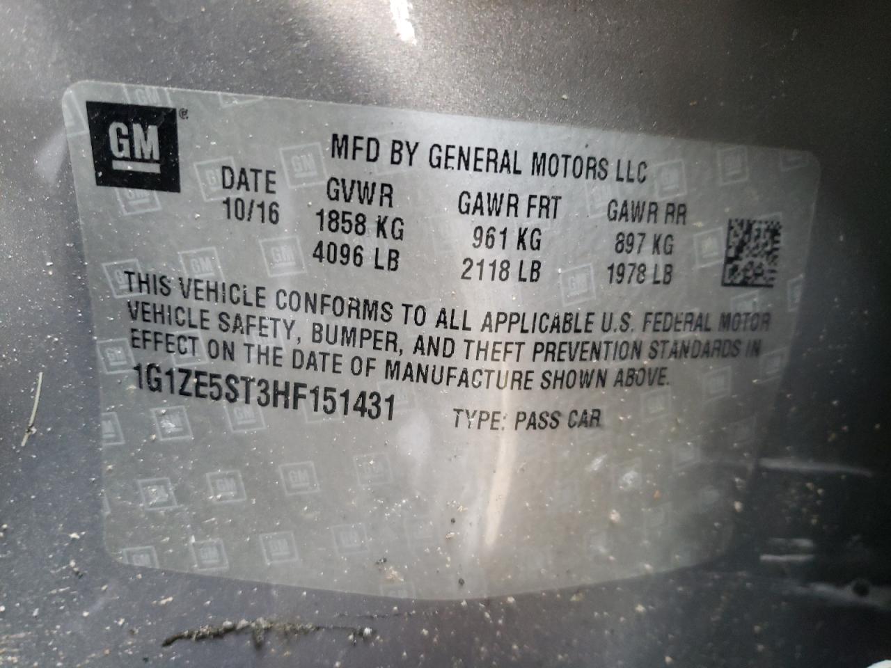 2017 Chevrolet Malibu Lt VIN: 1G1ZE5ST3HF151431 Lot: 52092284