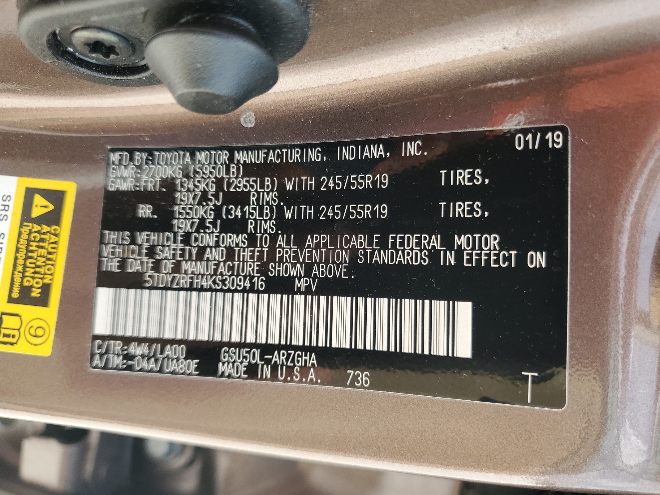 5TDYZRFH4KS309416 2019 Toyota Highlander Limited