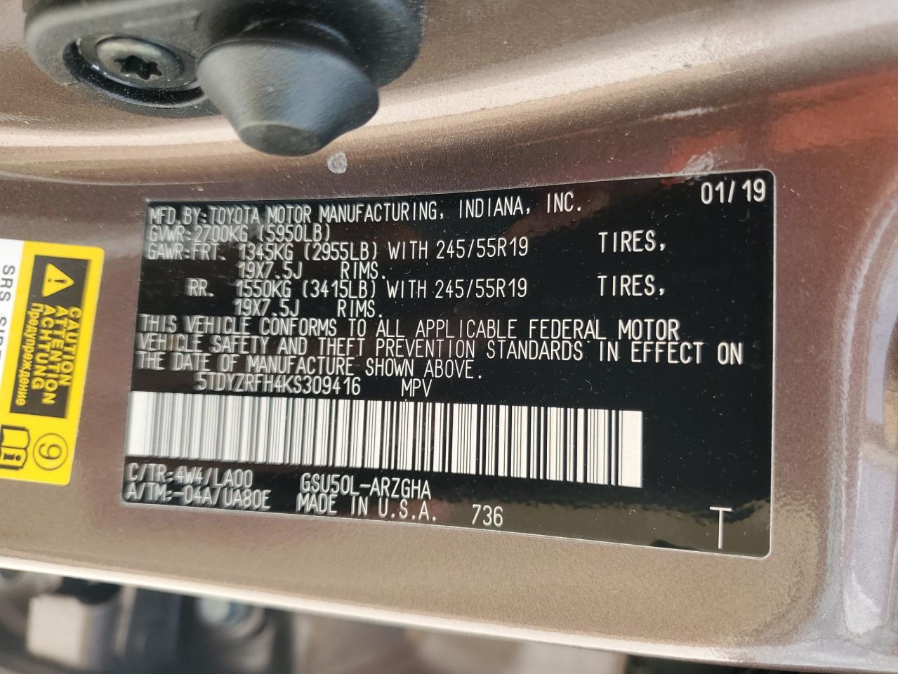 2019 Toyota Highlander Limited VIN: 5TDYZRFH4KS309416 Lot: 50069174