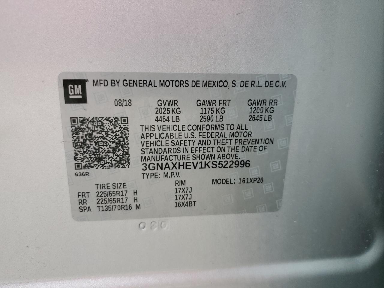 2019 Chevrolet Equinox Ls VIN: 3GNAXHEV1KS522996 Lot: 52290544