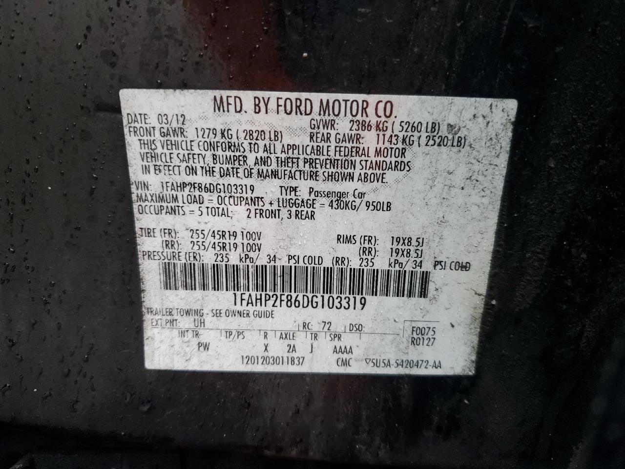 2013 Ford Taurus Limited VIN: 1FAHP2F86DG103319 Lot: 49406234