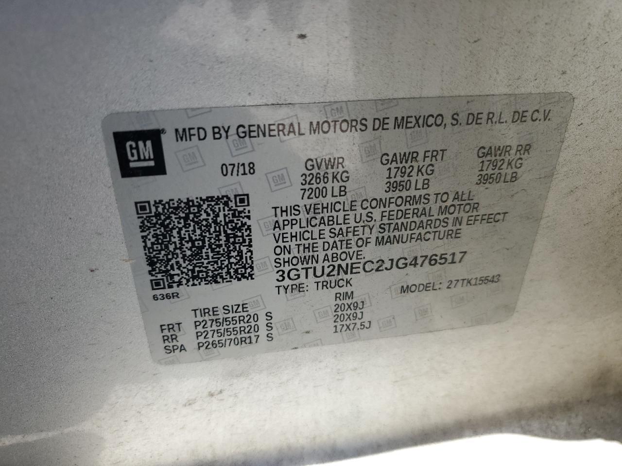 3GTU2NEC2JG476517 2018 GMC Sierra K1500 Slt