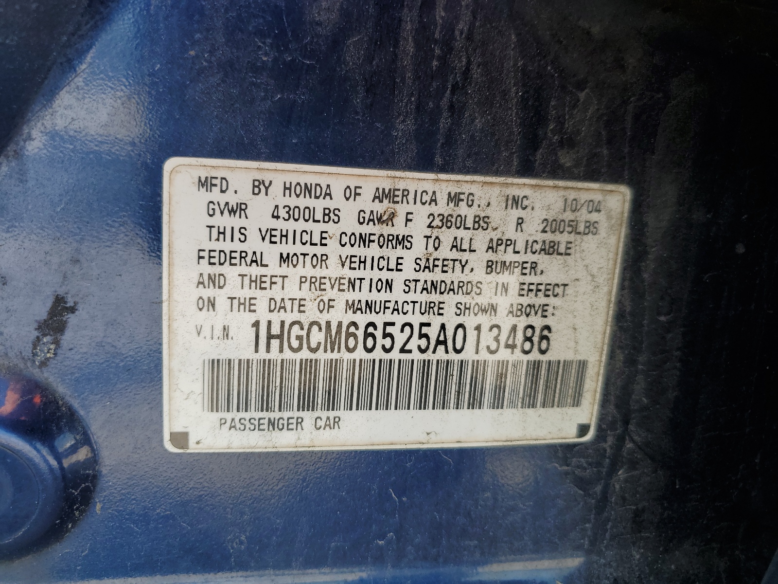 1HGCM66525A013486 2005 Honda Accord Ex