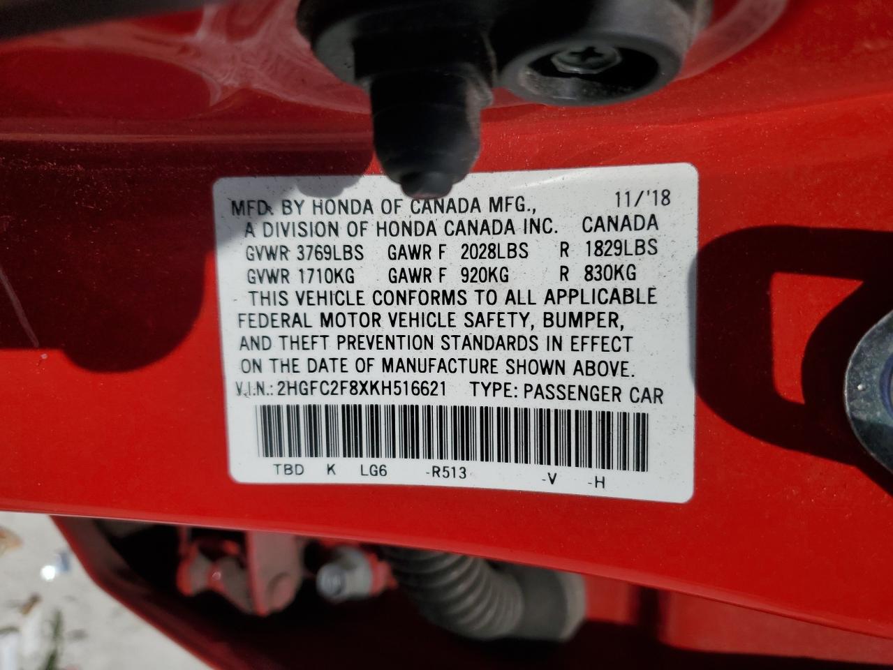 2HGFC2F8XKH516621 2019 Honda Civic Sport