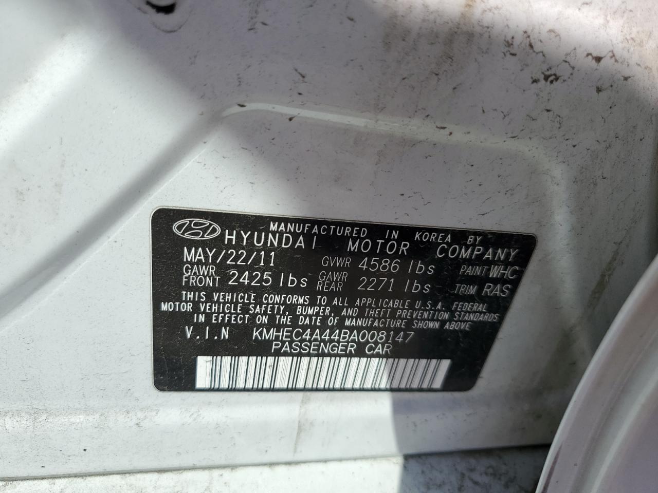 2011 Hyundai Sonata Hybrid VIN: KMHEC4A44BA008147 Lot: 50099884