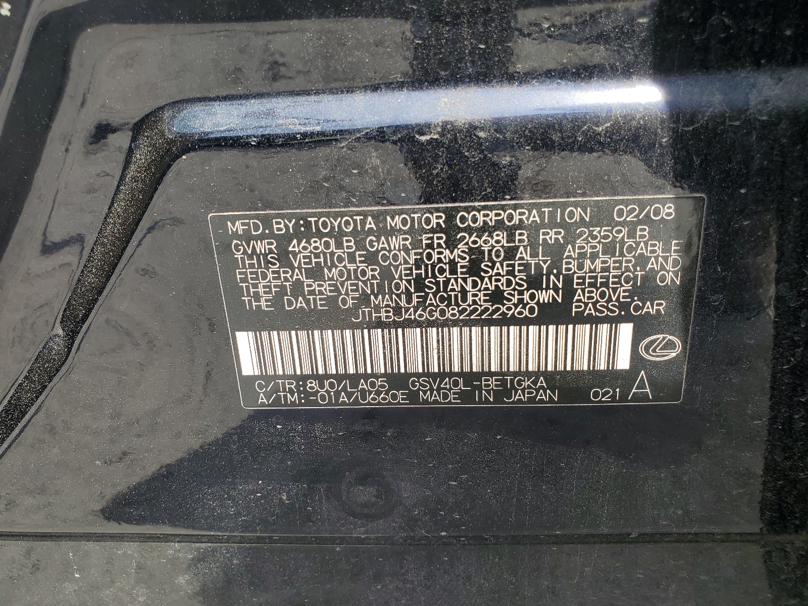 JTHBJ46G082222960 2008 Lexus Es 350