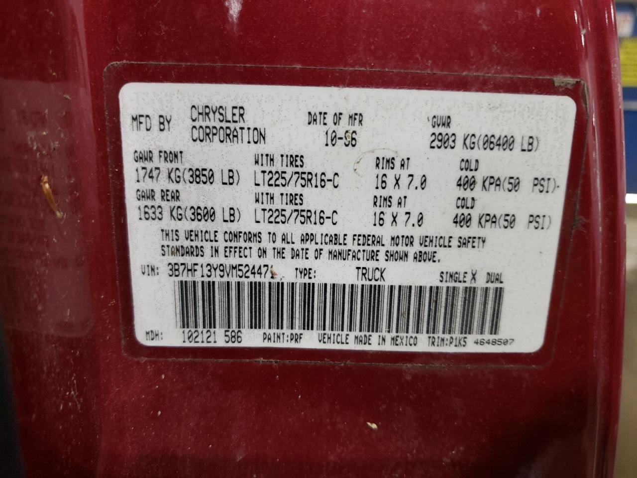 1997 Dodge Ram 1500 VIN: 3B7HF13Y9VM524471 Lot: 52146754