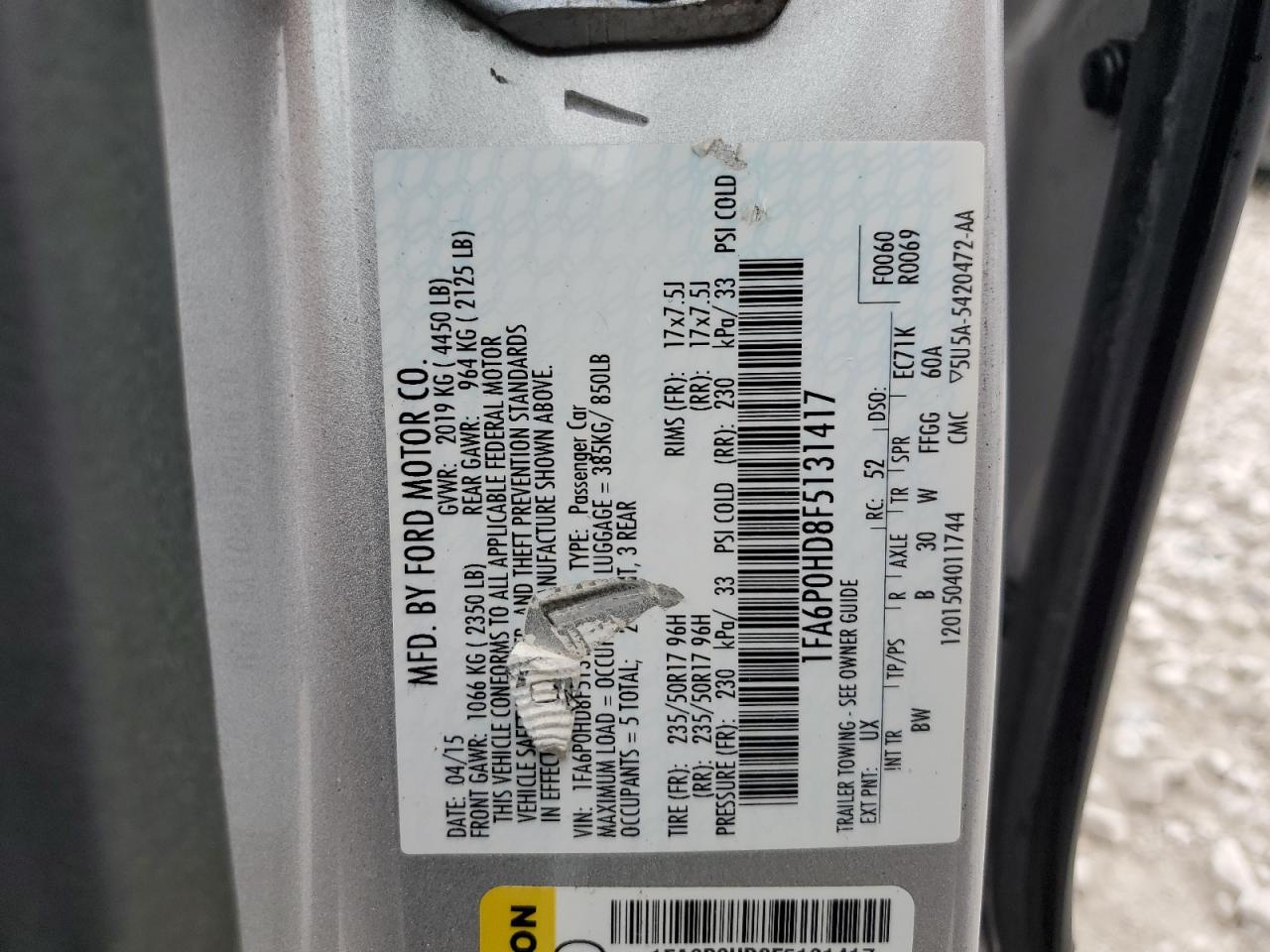 2015 Ford Fusion Se VIN: 1FA6P0HD8F5131417 Lot: 50863604