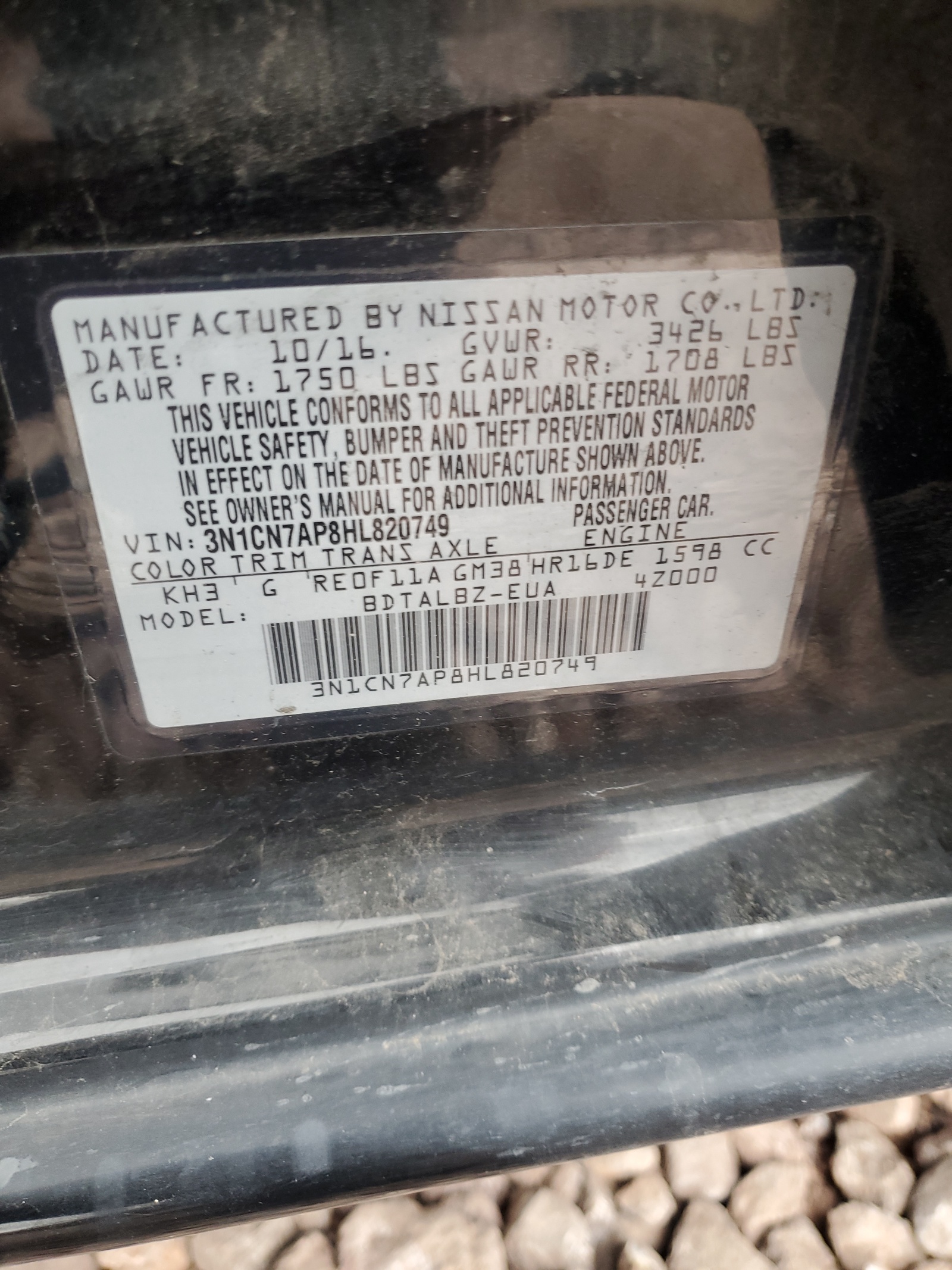 3N1CN7AP8HL820749 2017 Nissan Versa S