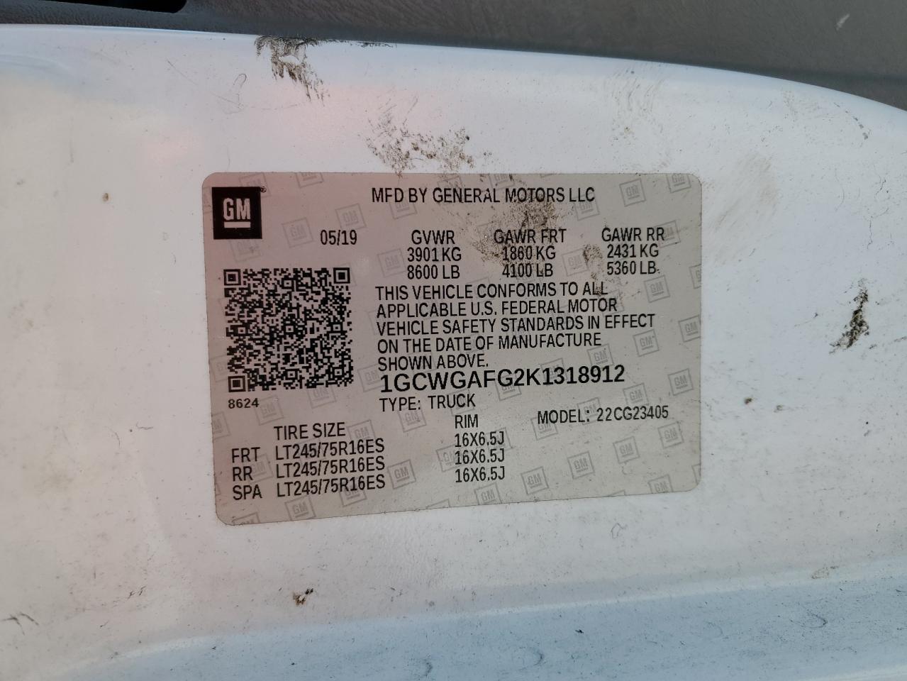 2019 Chevrolet Express G2500 VIN: 1GCWGAFG2K1318912 Lot: 51414774