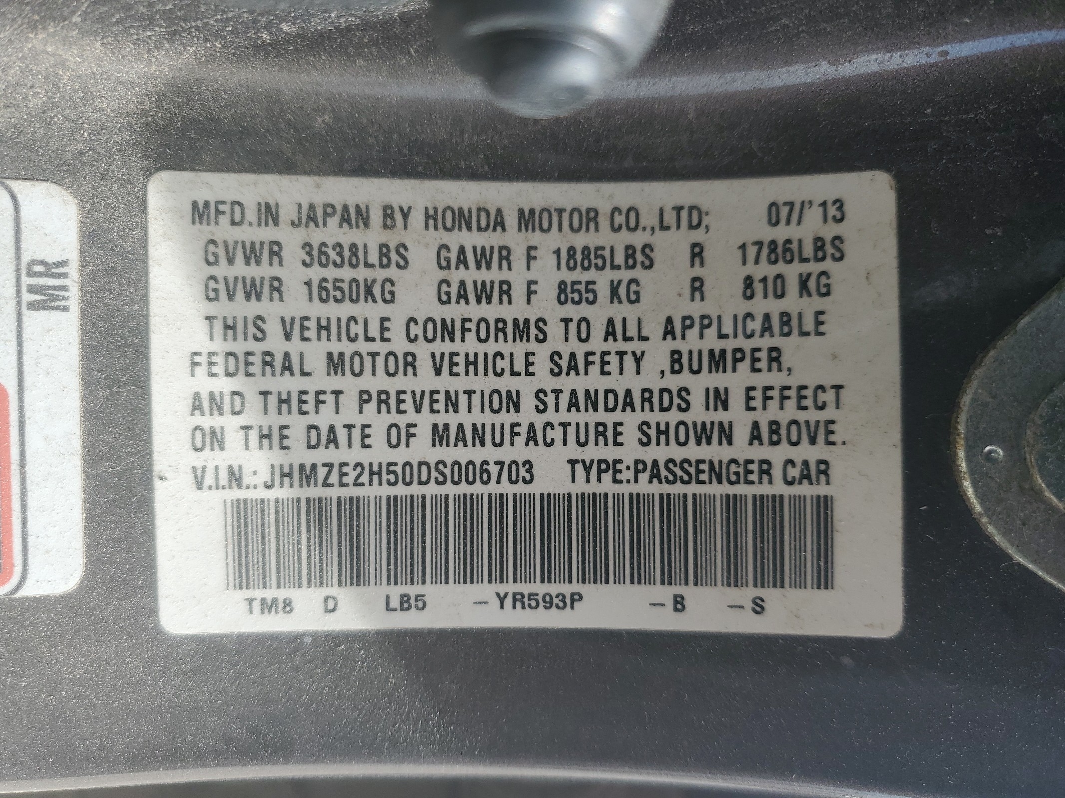 JHMZE2H50DS006703 2013 Honda Insight Lx