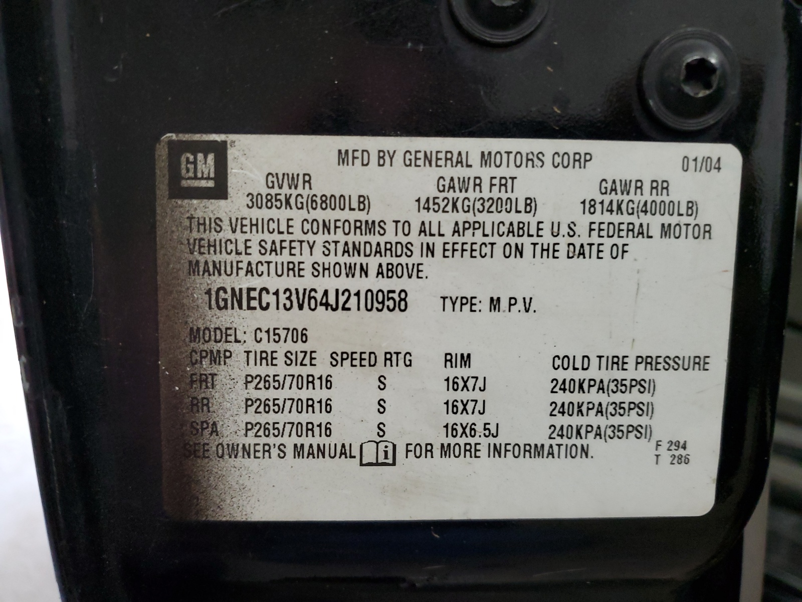 1GNEC13V64J210958 2004 Chevrolet Tahoe C1500