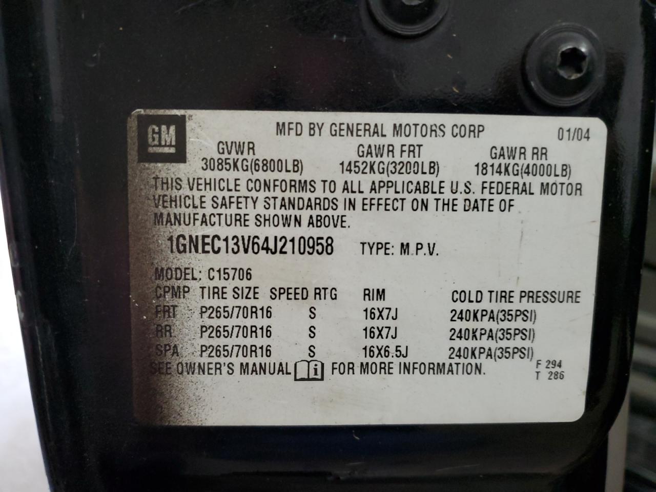 2004 Chevrolet Tahoe C1500 VIN: 1GNEC13V64J210958 Lot: 58202004