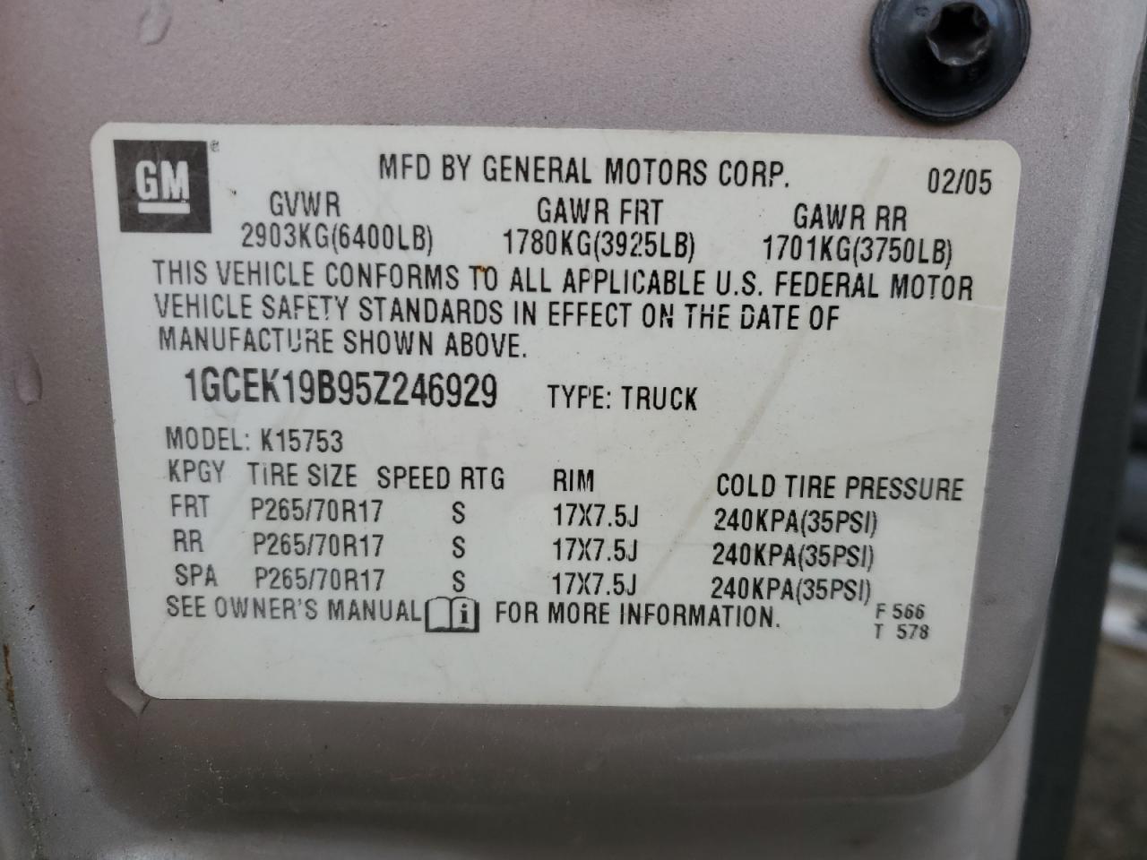 1GCEK19B95Z246929 2005 Chevrolet Silverado K1500