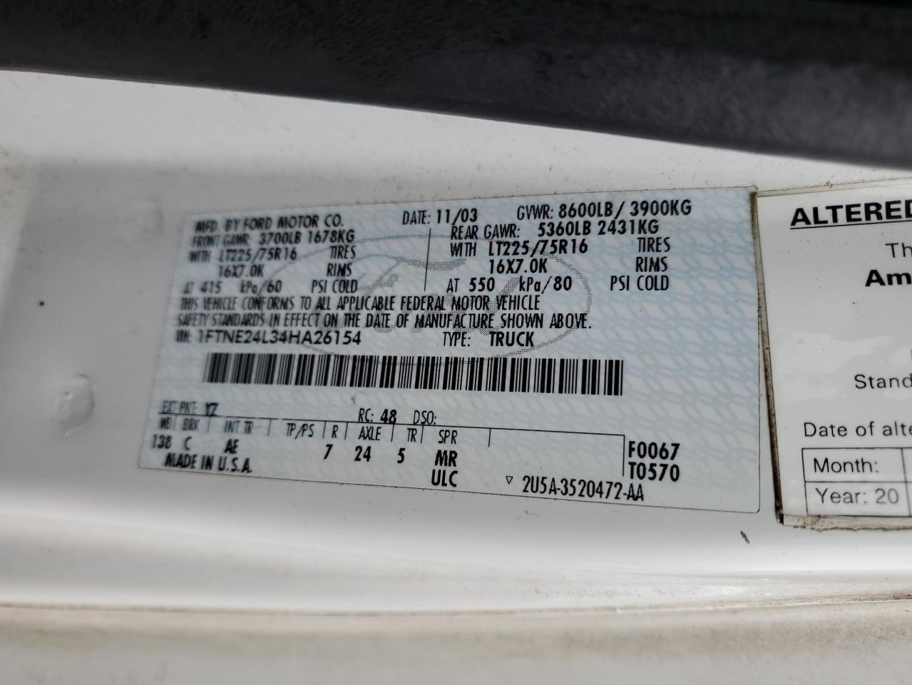 2004 Ford Econoline E250 Van VIN: 1FTNE24L34HA26154 Lot: 51923994