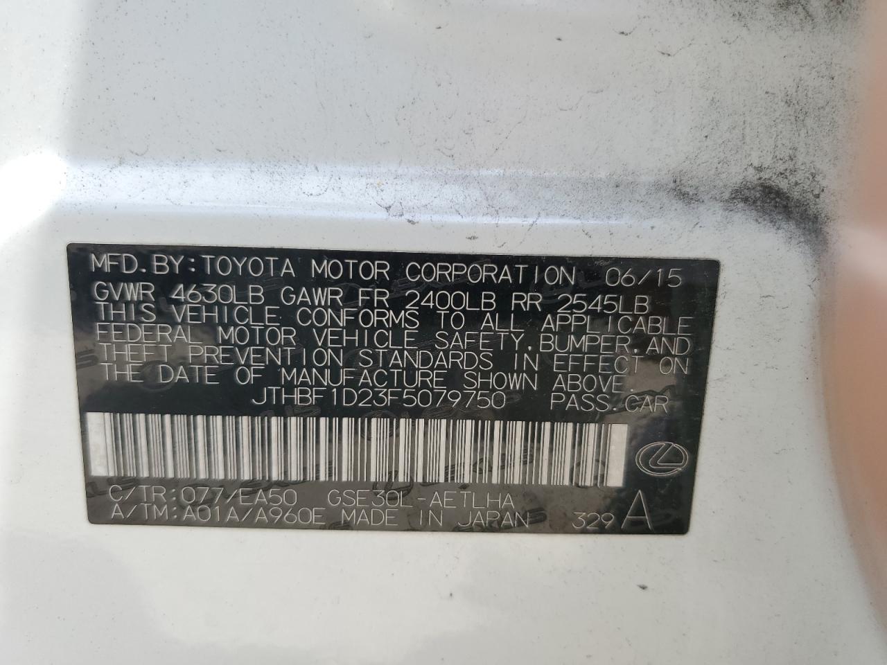 2015 Lexus Is 250 VIN: JTHBF1D23F5079750 Lot: 52753924