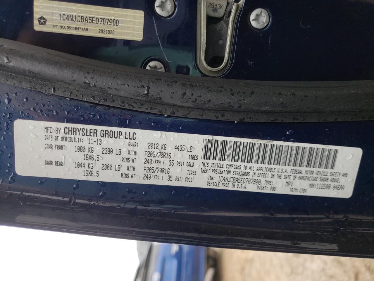 2014 Jeep Compass Sport VIN: 1C4NJCBA5ED707900 Lot: 50552584