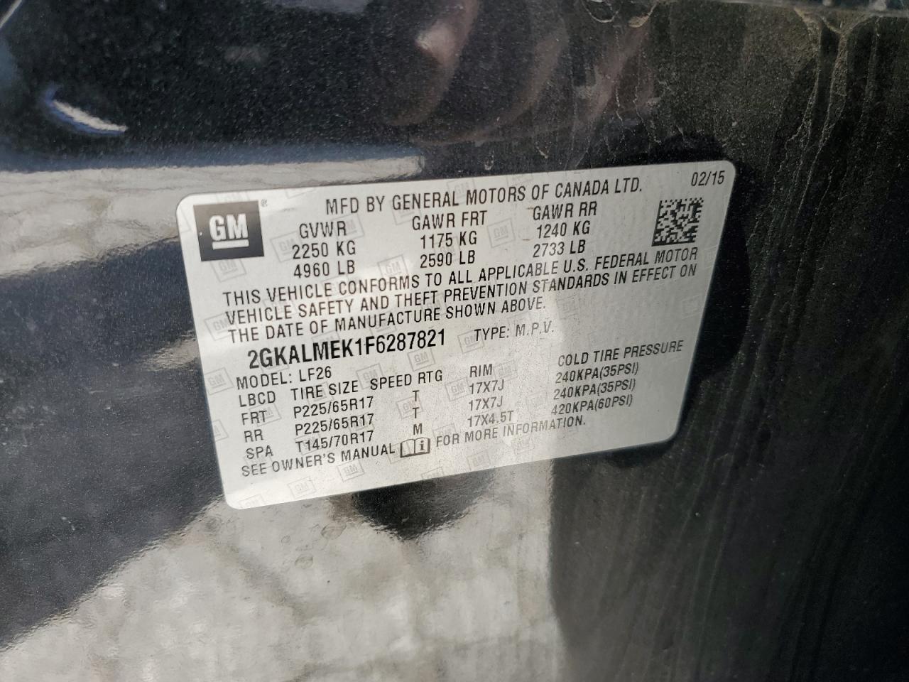 2GKALMEK1F6287821 2015 GMC Terrain Sle