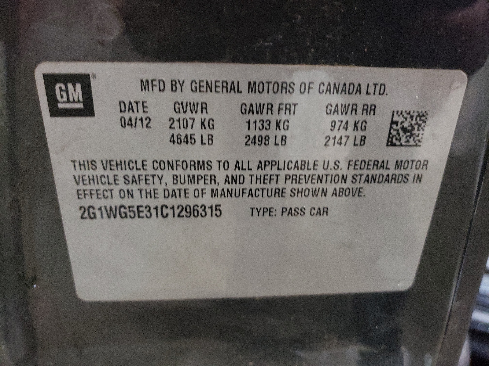 2G1WG5E31C1296315 2012 Chevrolet Impala Lt